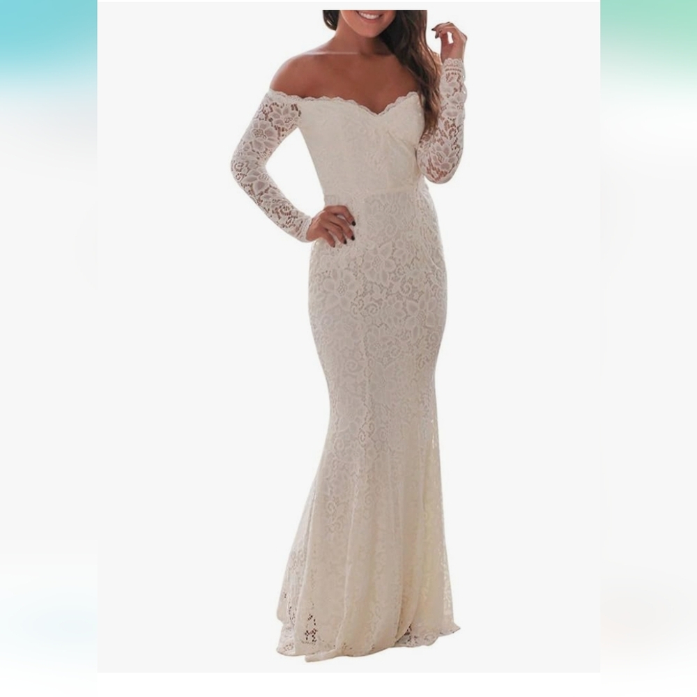 Women's Floral Lace Long Sleeve Off Shoulder Wedding Mermaid Dress